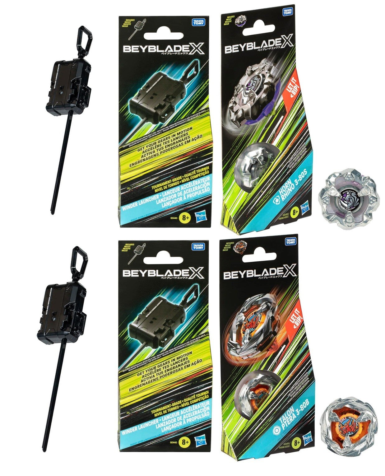 Beyblade X Battle Kampf Set - 2 Launcher - TALON PTERA 3-80B - HORN RHINO 3-80S