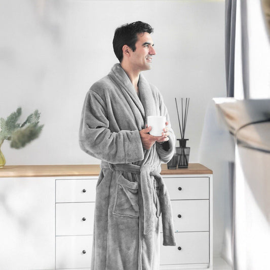 Bademantel mit Tasche Coral Fleece Weich Bequem Stilvoll Grau