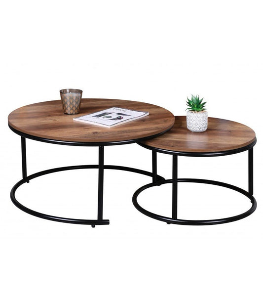 Couchtisch Beistelltisch Wohnzimmertisch 2-teilig Rund Holz Metall Industrial