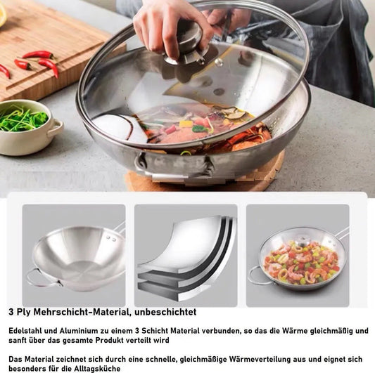 Wokpfanne Edelstahl Zwilling 30cm Glasdeckel Induktion Unbeschichtet